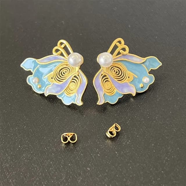 【Penny珮妮】手工越南沙金銀鎏金花絲琺瑯蝴蝶耳釘(母親節 送女友 交換禮物 生日禮 情人節 尾牙 新年 結婚)