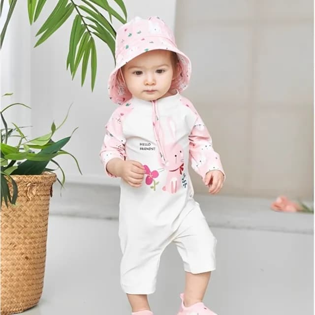 【Baby 童衣】兒童水果印花長袖防曬泳衣+遮陽帽套裝組 嬰幼兒可愛動物印花泳裝 88879(共６款)