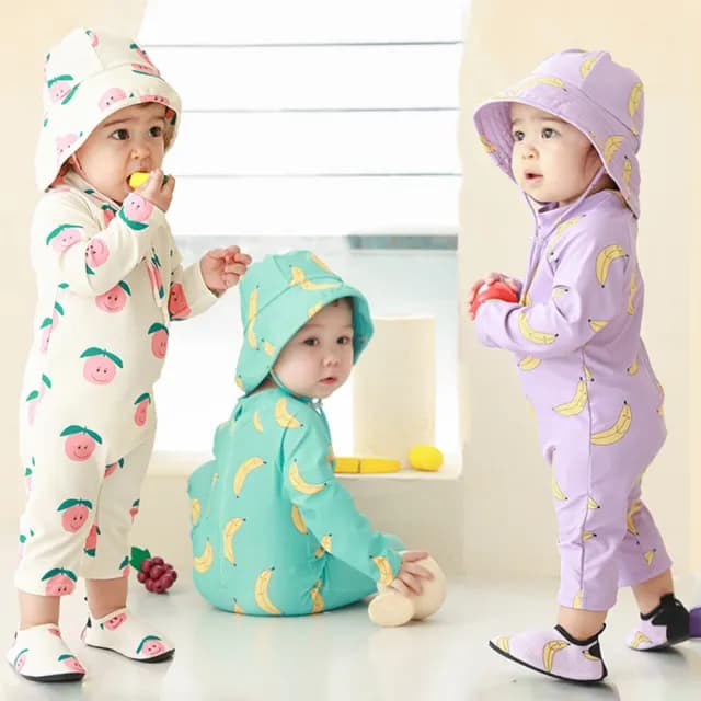 【Baby 童衣】兒童水果印花長袖防曬泳衣+遮陽帽套裝組 嬰幼兒可愛動物印花泳裝 88879(共６款)