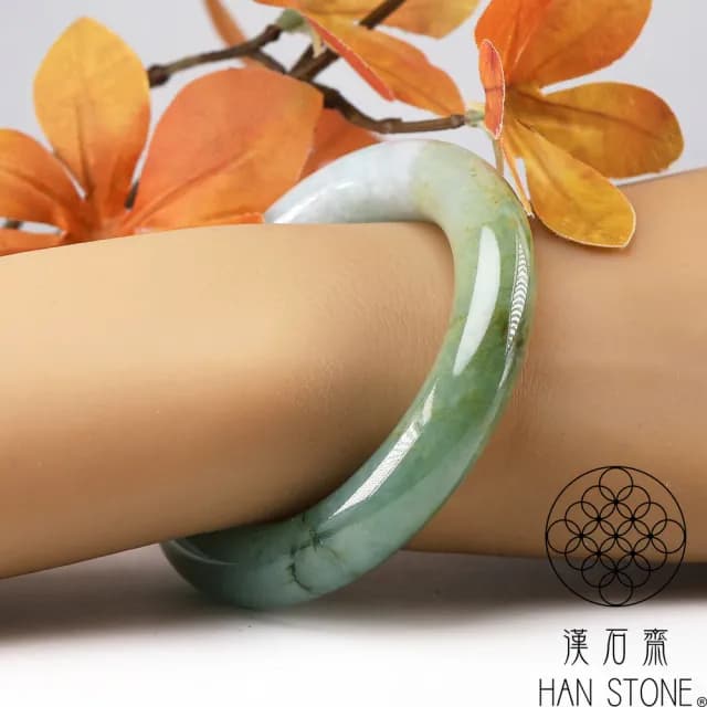 【漢石齋】情人節禮物 天然翡翠A貨 圓條手鐲玉鐲 冰糯種飄花帶黃翡 福 利 品(手圍16.2/版寬12mm)