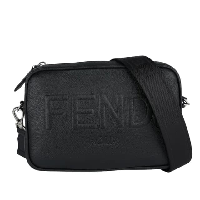 【FENDI 芬迪】Roma 縫線標誌紋理皮革相機包/斜背包(黑色)