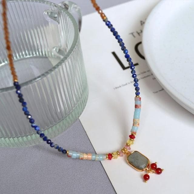 【MoonDy】項鍊 女生項鍊 古風 飾品 青金石 串珠項鍊 吊墜 吊飾 拼色 拉長石 復古飾品 項鍊情侶 禮物 326