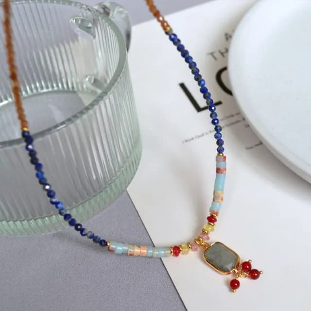 【MoonDy】項鍊 女生項鍊 古風 飾品 青金石 串珠項鍊 吊墜 吊飾 拼色 拉長石 復古飾品 項鍊情侶