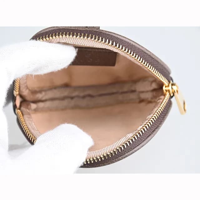 【GUCCI 古馳】GUCCI OPHIDIA經典金字LOGO綠紅線條設計Supreme帆布邊飾皮革拉鍊頸掛零錢包(迷你/米x深棕)