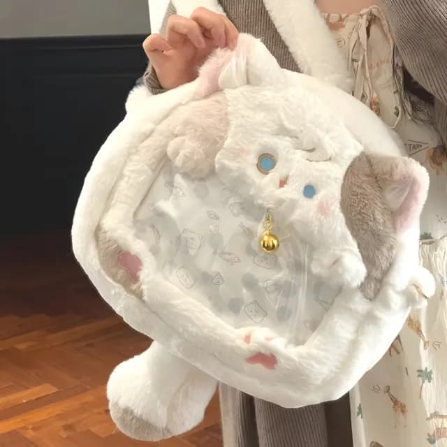 【喵喵妹】父親節禮物 毛絨可愛貓咪二次元透明痛包(後背包 穿搭配件 娃包 書包 肩背包 雙肩包 兒童 生日 交