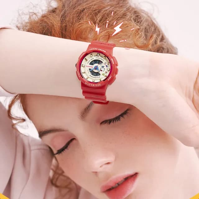 【HELLO KITTY】凱蒂貓紅色雙顯視窗運動防水電子錶(多功能手錶 兒童 學生 手錶 平輸品)