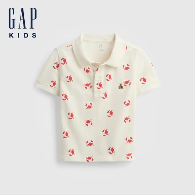 【GAP】男幼童裝 純棉小熊刺繡印花短袖POLO衫-米白色(777425)