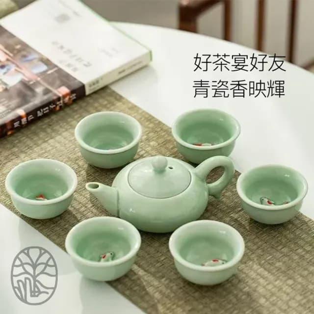 【綠洲香境】錦鯉青瓷茶具禮盒(1壺6杯)