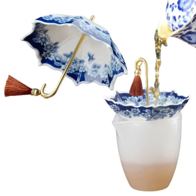 【中式茶道】青花陶瓷雨傘茶漏(茶水分離 濾茶器 濾茶球 泡茶器 篩網 茶葉過濾 沖茶 杯緣子 茶具)