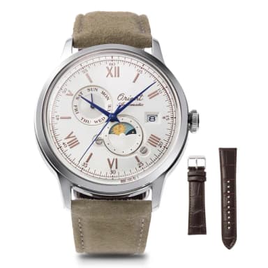 【ORIENT 東方錶】ORIENT 東方錶 SUN&MOON系列 日月相75週年限量機械錶 皮帶款 白色 - 41.5 mm(RA-AK0808S)