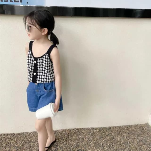【橘魔法】千鳥紋愛心扣背心(小背心 上衣 可單穿 大童 女童 兒童 童裝)