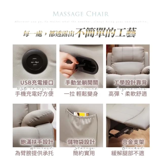 【IHouse】歐霸 飽滿舒適按摩沙發/單人躺椅(附USB孔)