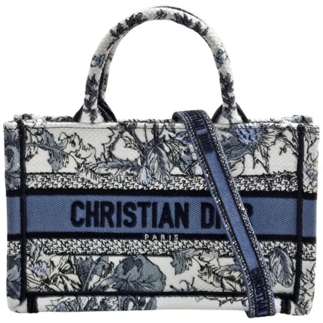 【Dior 迪奧】MINI BOOK TOTE Chardons刺繡帆布手提/斜背包(迷你-藍色S5573CEDD_M94E)