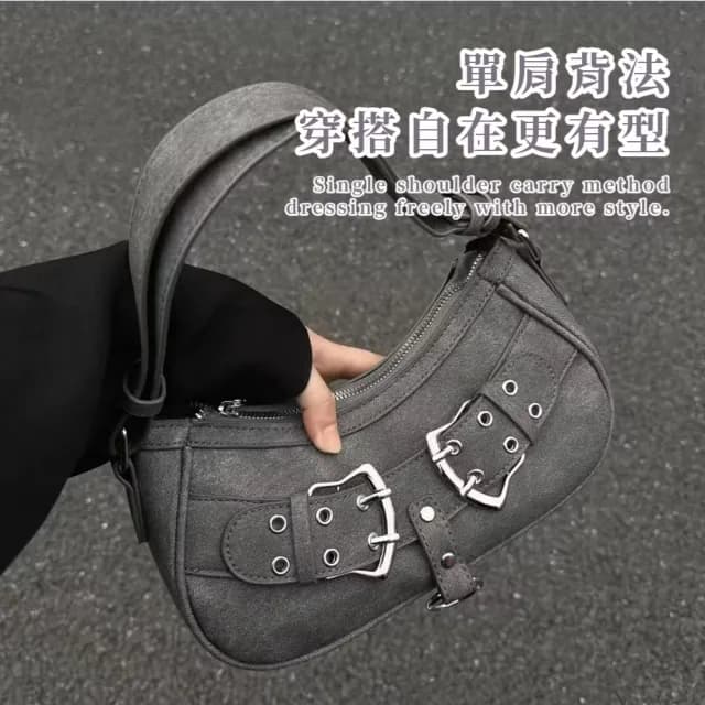 【穿搭配件】復古美式特殊色金屬扣單肩包(可調節 滑順拉鍊 斜跨包 側肩包 女 生日禮物 冷灰 腋