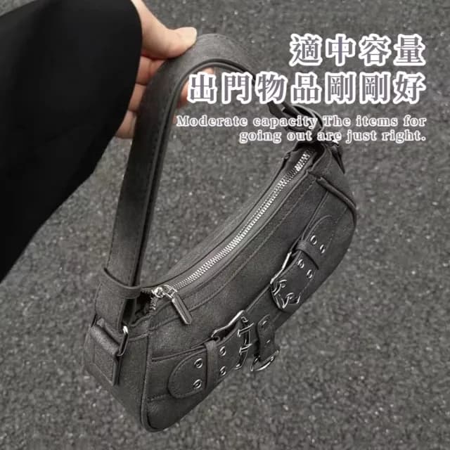 【穿搭配件】復古美式特殊色金屬扣單肩包(可調節 滑順拉鍊 斜跨包 側肩包 女 生日禮物 冷灰 腋
