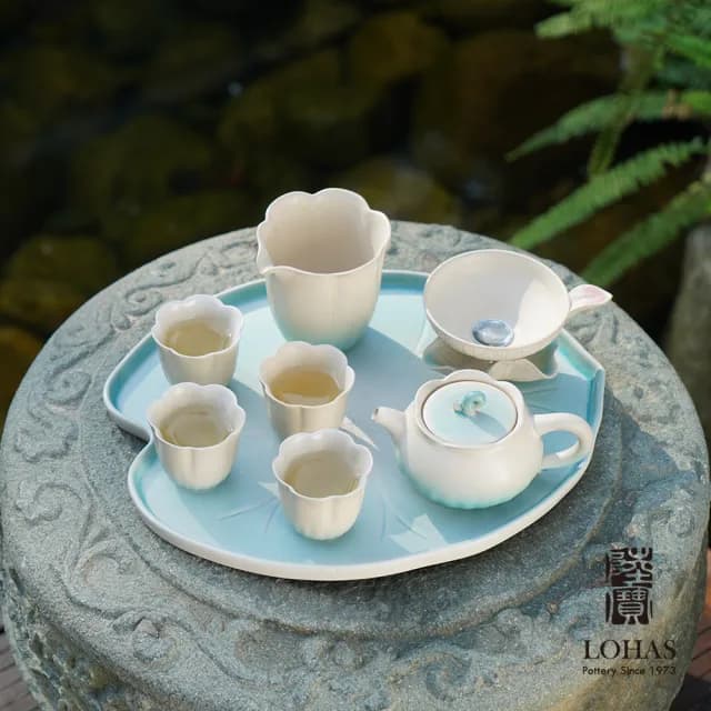 【LohasPottery 陸寶】清荷雅境茶禮-碧荷白(窯變釉 茶具套組 兩件式茶濾 蓮葉茶盤)