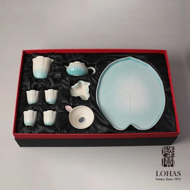 【LohasPottery 陸寶】清荷雅境茶禮-碧荷白(窯變釉 茶具套組 兩件式茶濾 蓮葉茶盤)
