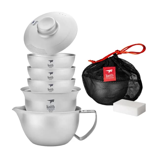 【Keith】鎧斯鈦旅行功夫茶具5件套組 / Ti3915(攜帶式旅行茶具 隨身泡茶組 快客杯 雙層蓋杯茶杯 茶壺茶海)