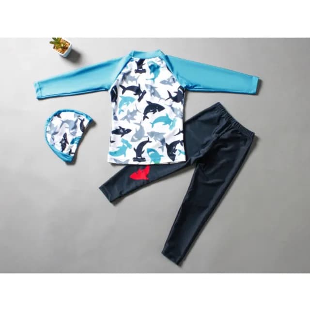 【橘魔法】鯊魚滿印插肩防曬長袖泳裝+長褲(二件式 附泳帽 防曬 泳衣 水母衣 水母褲 男童 兒童 童裝)