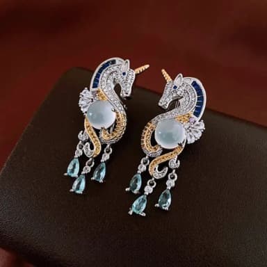【LEESA】獨角獸\防過敏耳環\純銀耳環\925銀針\垂墜耳環\飾品\女生耳環\耳飾\水滴耳環\鋯石\鋯石耳環\銀針