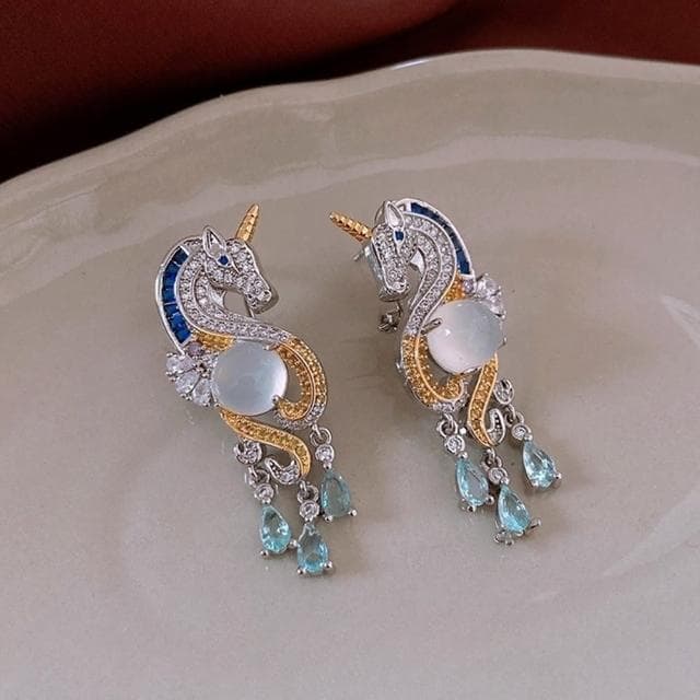 【LEESA】獨角獸\防過敏耳環\純銀耳環\925銀針\垂墜耳環\飾品\女生耳環\耳飾\水滴耳環\鋯石\鋯石耳環\銀針