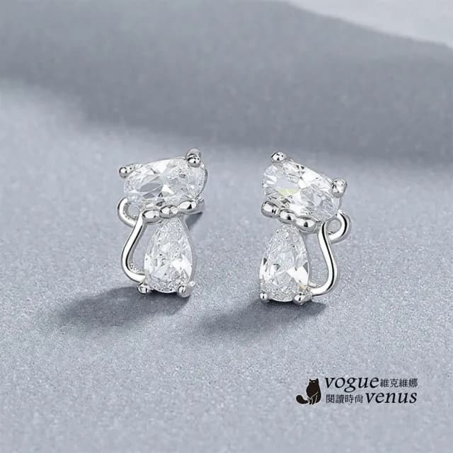 【維克維娜】翹尾巴貓咪水鑽925純銀耳環