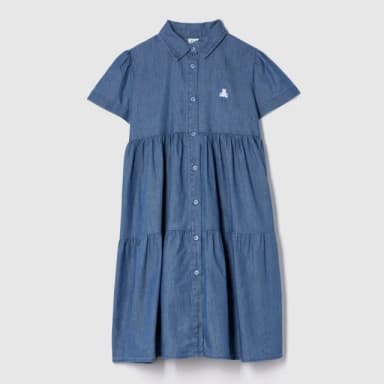 【GAP】女童裝 純棉小熊刺繡翻領短袖牛仔洋裝-水洗藍(781771)