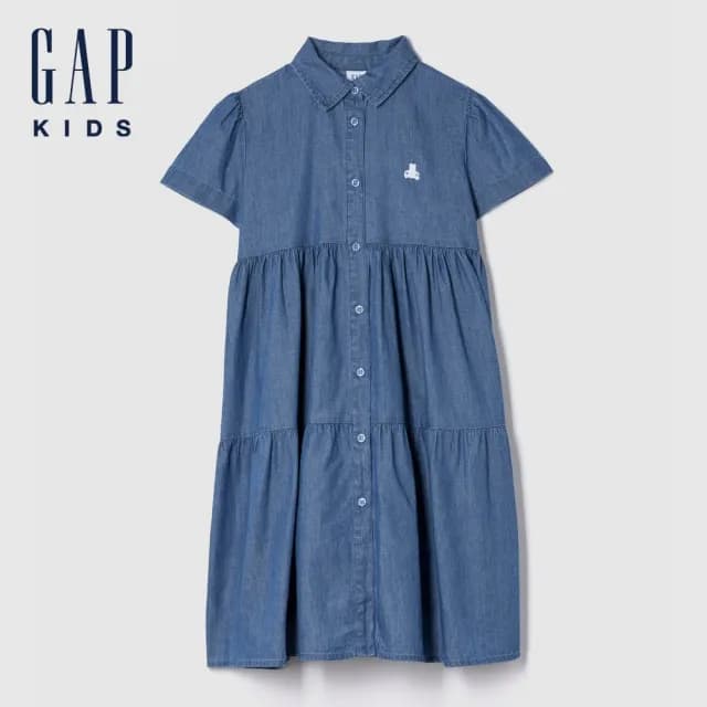 【GAP】女童裝 純棉小熊刺繡翻領短袖牛仔洋裝-水洗藍(781771)