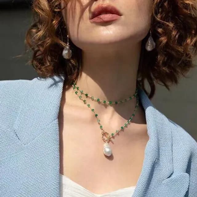 【KT DADA】情人節禮物 飾品 項鍊 女生項鍊 巴洛克珍珠 綠瑪瑙 珍珠項鍊 串珠項鍊 長項鍊 毛衣鏈 復古 長鍊