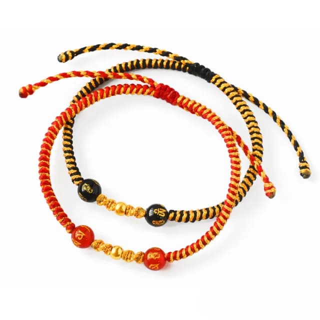 【元大珠寶】雙11黃金手鍊平安金珠 六字箴言瑪瑙珠編織手鍊蠟繩 拉繩設計(0.01錢)