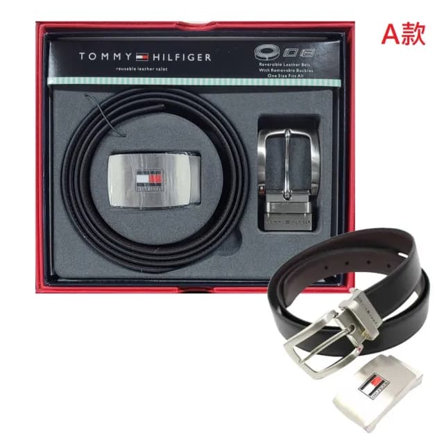 【Tommy Hilfiger】Tommy Hilfiger 男士雙扣頭 雙面皮帶 腰帶 附原廠禮盒(美國進口平行輸入)