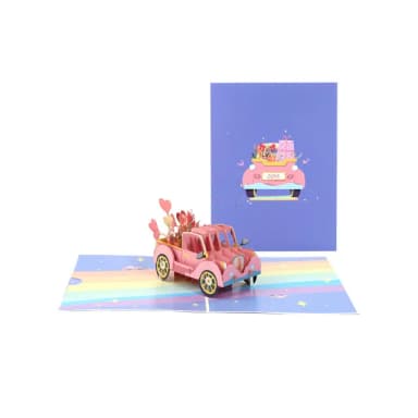 【Paper Play】萬用卡片-3D立體鮮花禮物粉色老爺車造型卡片 感恩卡 情人節卡片 告白卡(萬用卡片)
