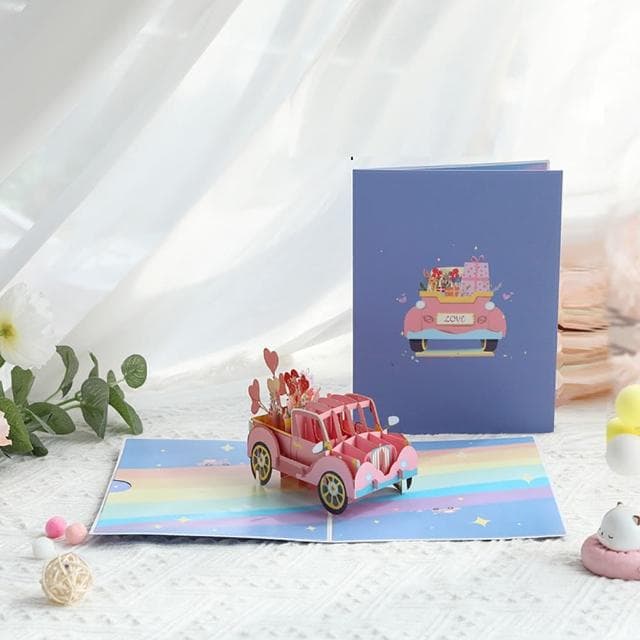 【Paper Play】萬用卡片-3D立體鮮花禮物粉色老爺車造型卡片 感恩卡 情人節卡片 告白卡(萬用卡片)