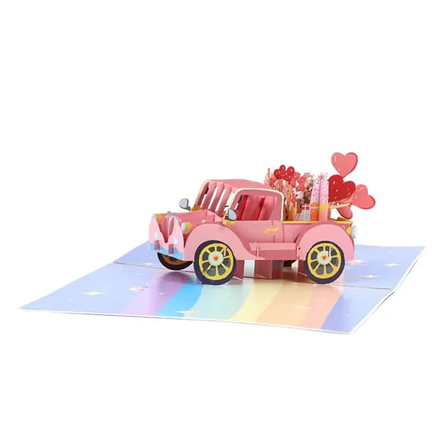 【Paper Play】萬用卡片-3D立體鮮花禮物粉色老爺車造型卡片 感恩卡 情人節卡片 告白卡(萬用卡片)