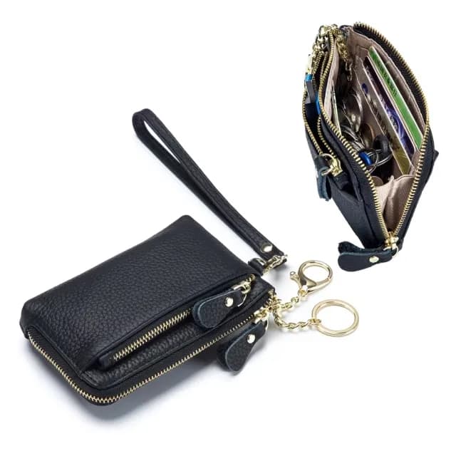 【荔紋時尚】雙11 真皮雙拉鍊隨身手拿錢包(真皮包包 零錢包 分格 手腕包 鑰匙圈 逛街 外出 旅行