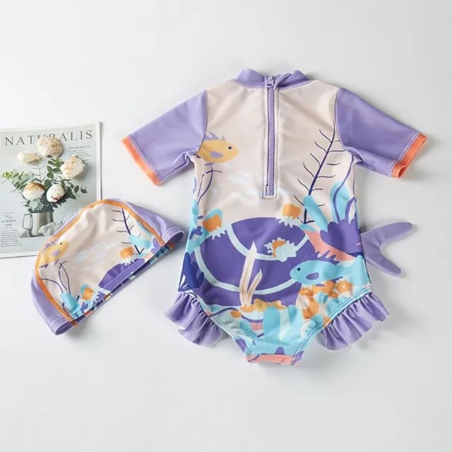 【橘魔法】海洋紫鯨魚連身泳衣+泳帽(一件式 泳裝 泳衣 兒童 女童 童裝 海邊 玩水)