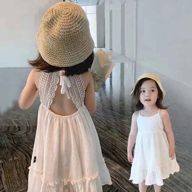 【橘魔法】蕾絲綁帶露背細肩吊帶魚尾洋裝(連身裙 吊帶裙 魚尾裙 女童 兒童 童裝 白色洋裝 大童)