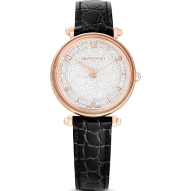 【SWAROVSKI 施華洛世奇】滿天星水晶鑽錶 黑色皮革女錶 女生禮物 母親節優惠35mm(5653359)