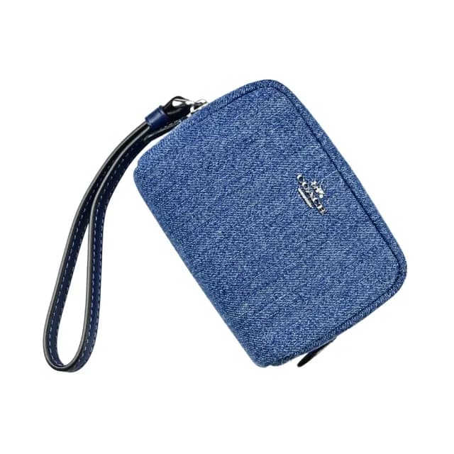 【COACH】立體銀字金屬馬車LOGO手掛零錢包(丹寧布)