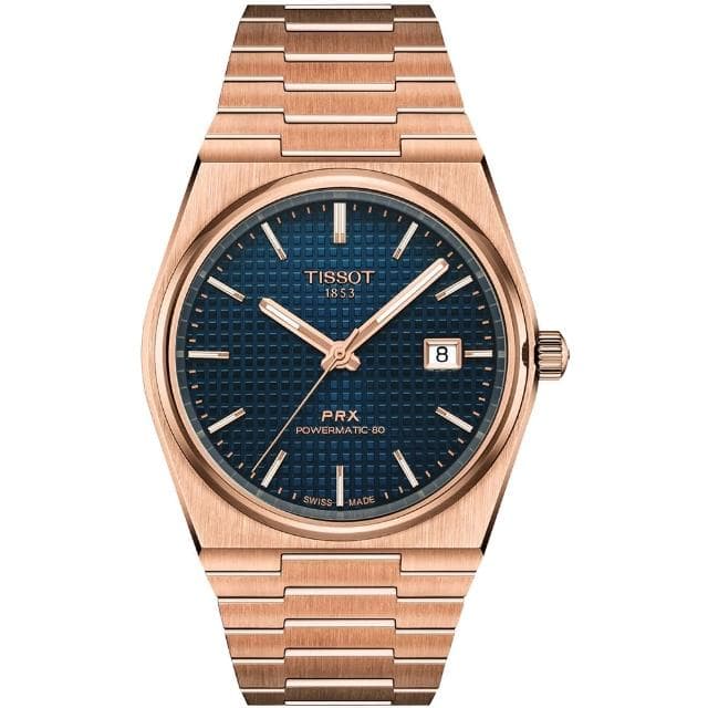 【TISSOT 天梭】PRX系列 復古風酒桶型紳士機械錶-40mm/藍X玫瑰金(T1374073304100)