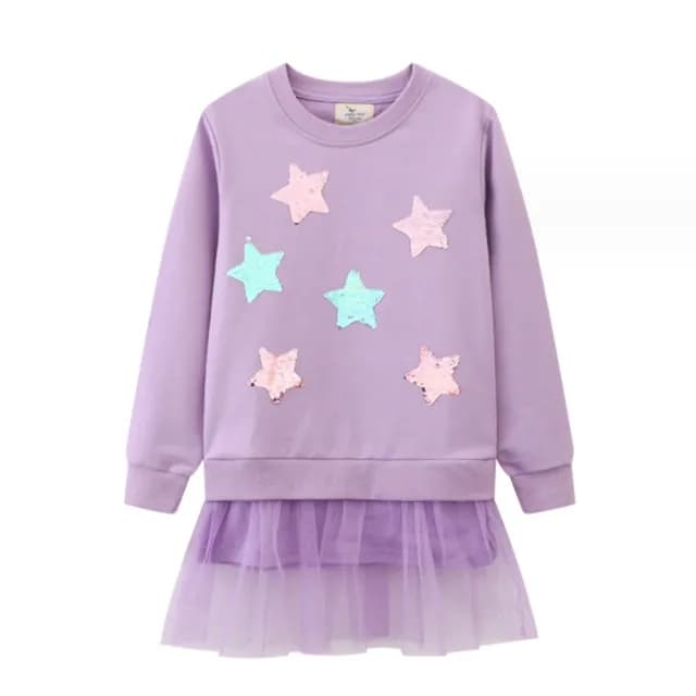 【橘魔法】翻轉亮片星星長袖長版上衣(娃娃衫 長袖上衣 薄長袖 女童 兒童 童裝)