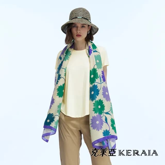 【KERAIA 克萊亞】青黛織錦雙色印花披肩