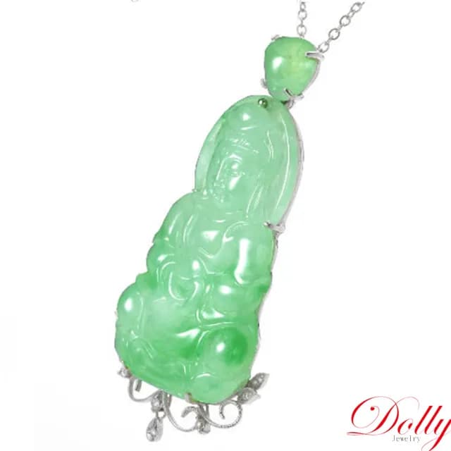 【DOLLY】14K金 緬甸冰芙蓉種A貨翡翠觀音鑽石項鍊(母親節 長輩送禮 交換禮物首選)