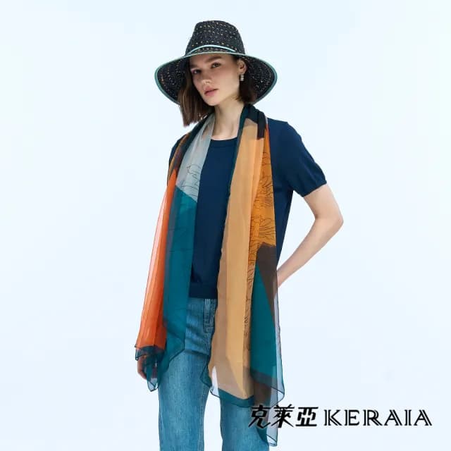 【KERAIA 克萊亞】流彩拼接色塊花卉雪紗披肩(兩色)