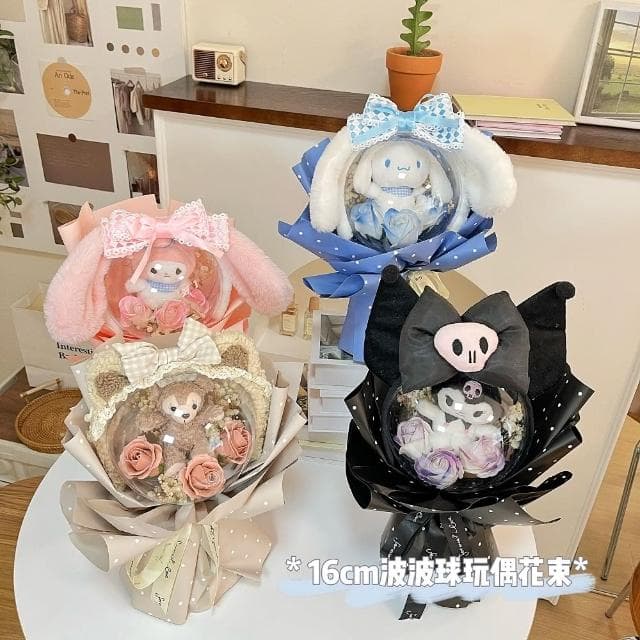 【天使愛美麗】16cm波波球 卡通玩偶玫瑰香皂花滿天星花束(兒童節 生日 情人節 畢業禮物)