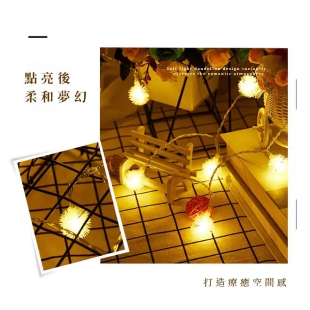 【滿屋閃耀】LED蒲公英毛球燈飾燈串-6米(聖誕燈 派對 佈置 晚會 求婚 生日 禮物 氣氛燈 夜燈 戶外 露營)
