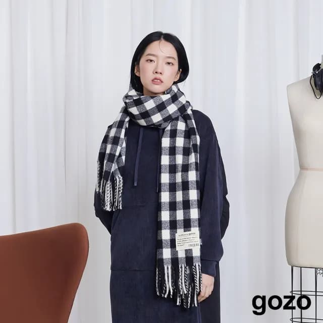 【gozo】☆禮物/送禮☆經典棋盤格流蘇圍巾(黑色)