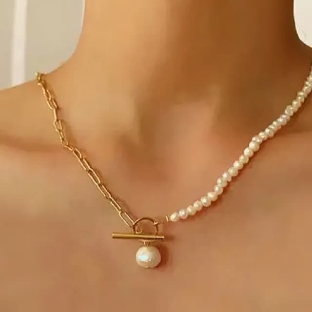 【CReAM】Erica天然淡水珍珠迴紋針鍊飾 金屬珍珠項鍊鍍18K金色女項鍊(生日 禮物 送禮 禮盒)