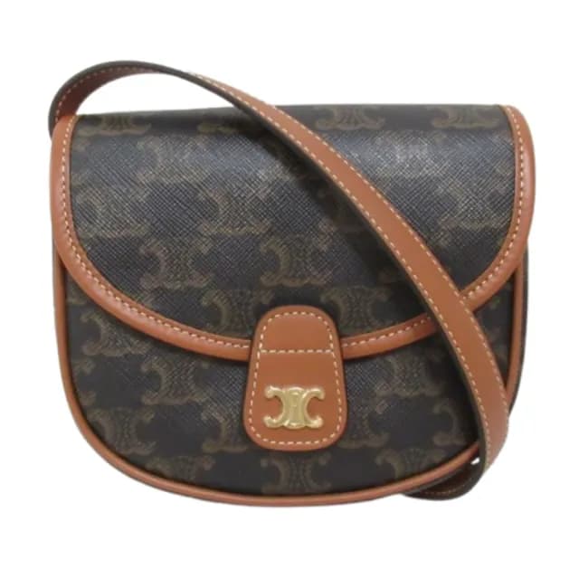 【CELINE】Mini Besace IN Triomphe 老花 黃褐色 帆布 小牛皮 馬鞍包(經典老花時尚單品)