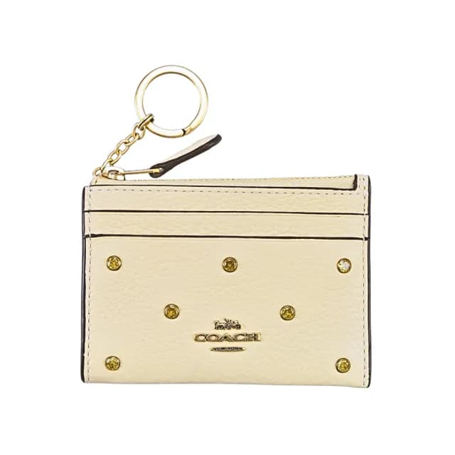 【COACH】月光水晶荔枝紋皮革前卡夾鑰匙零錢包(米黃色)